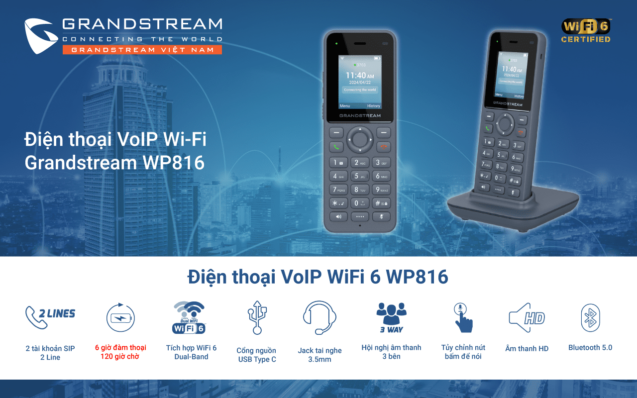 Điện thoại IP WiFi 6 không dây Grandstream WP816 chính hãng | Maitel