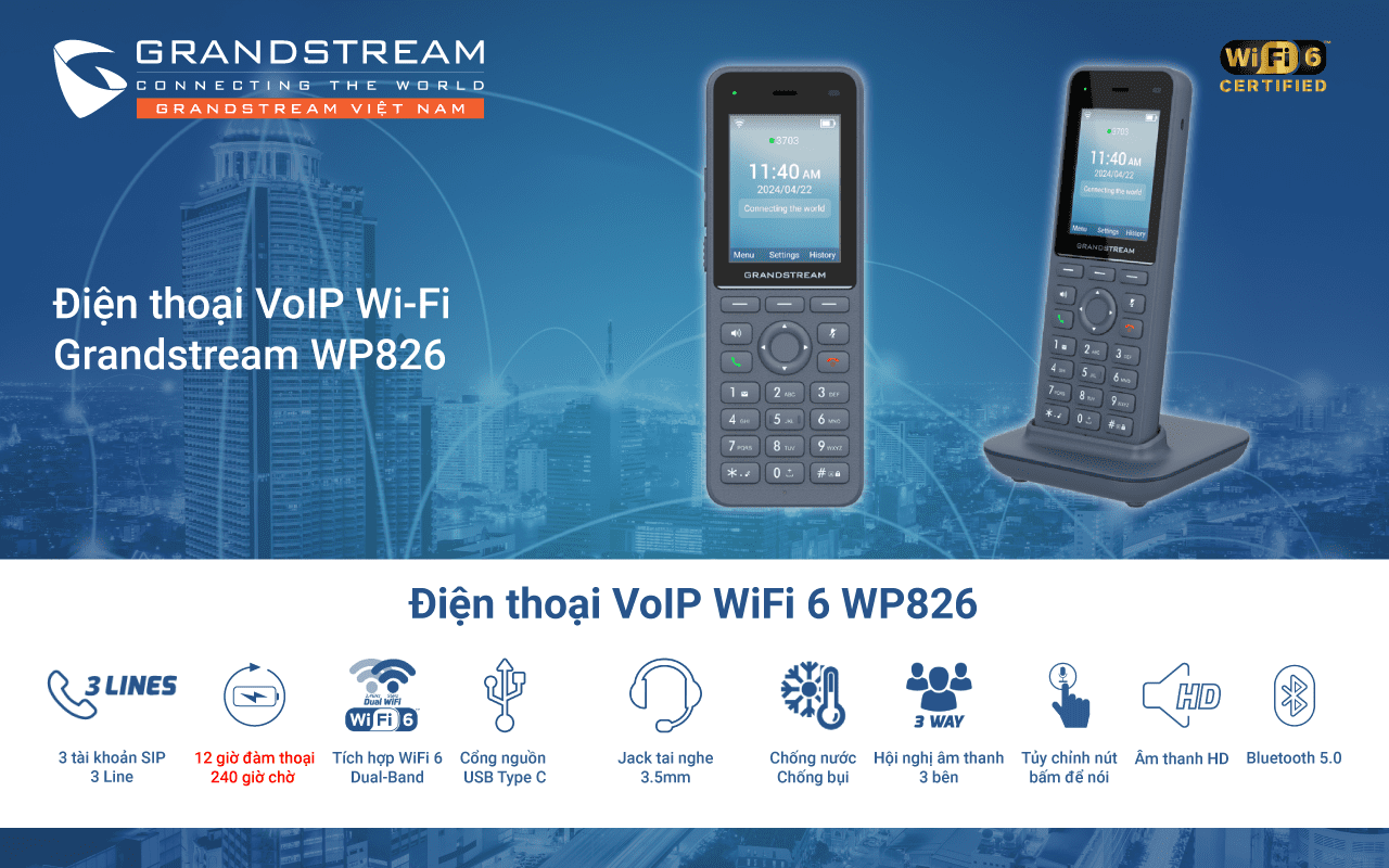 Điện thoại IP WiFi 6 Grandsteam WP826 chính hãng giá tốt | Maitel